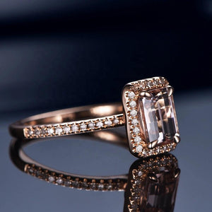 Emerald Cut Engagement Halo Morganite Ring - Blinged Jewels