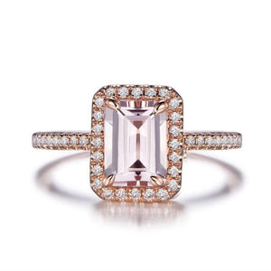 Emerald Cut Engagement Halo Morganite Ring - Blinged Jewels